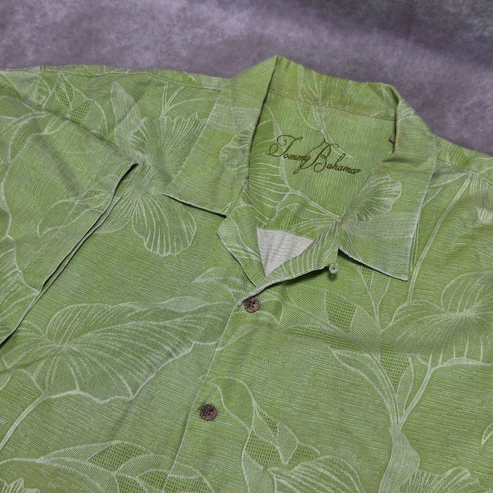Tommy Bahama Mens XL Lime Green 100% Silk Tropical Leaf Jacquard Camp Shirt